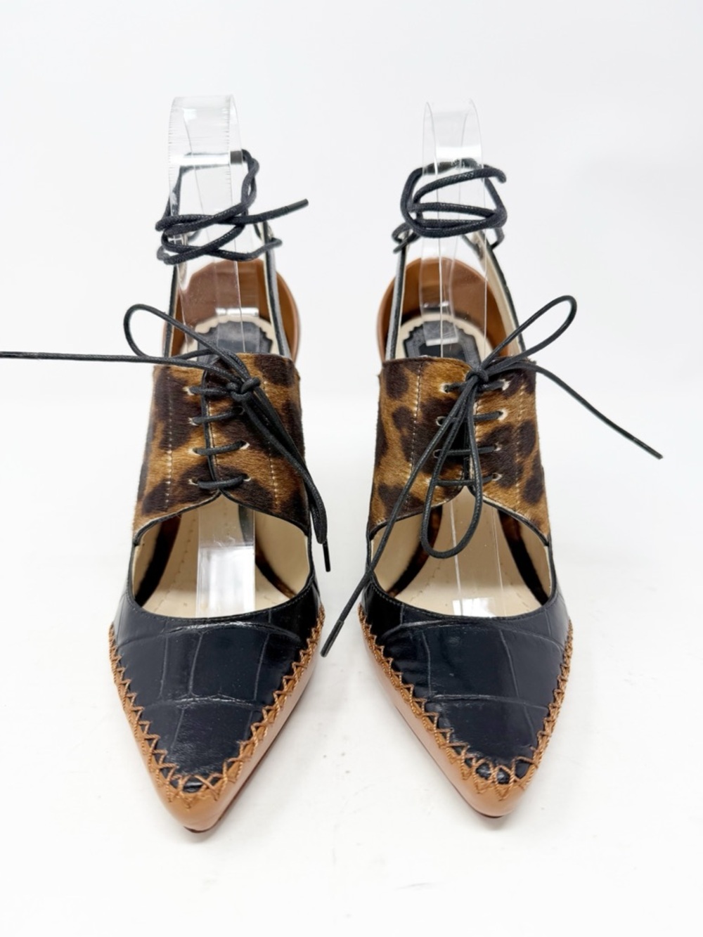 Christian Dior Leopard Calf Hair Lace Up Heels Pointed Toe Womens Size EU 37.5 - Picture 2 of 11